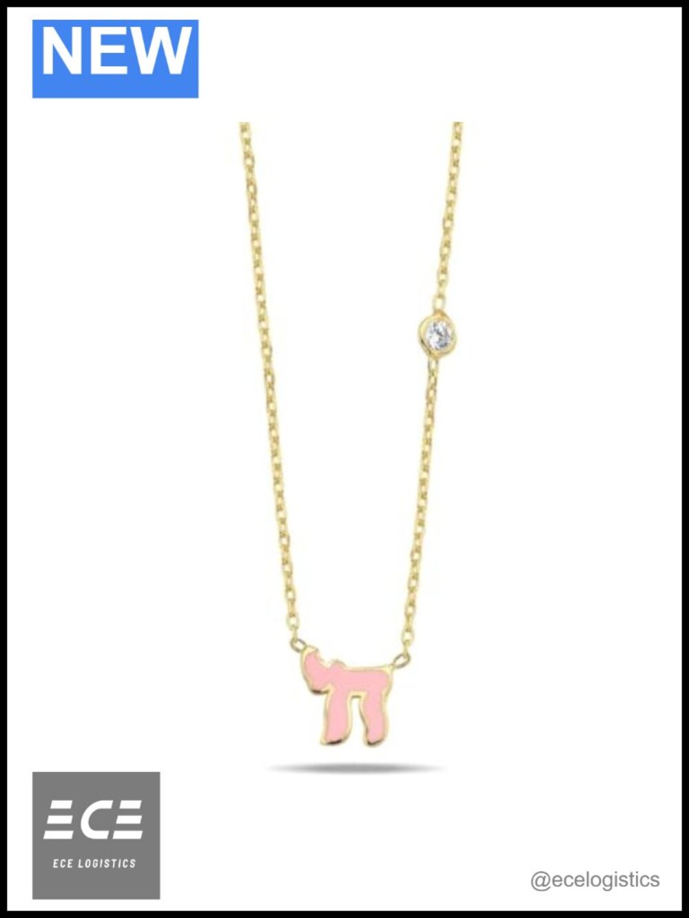 14k Gold Plated Sterling Silver Pink Enamel Chai Necklace CZ Gift
